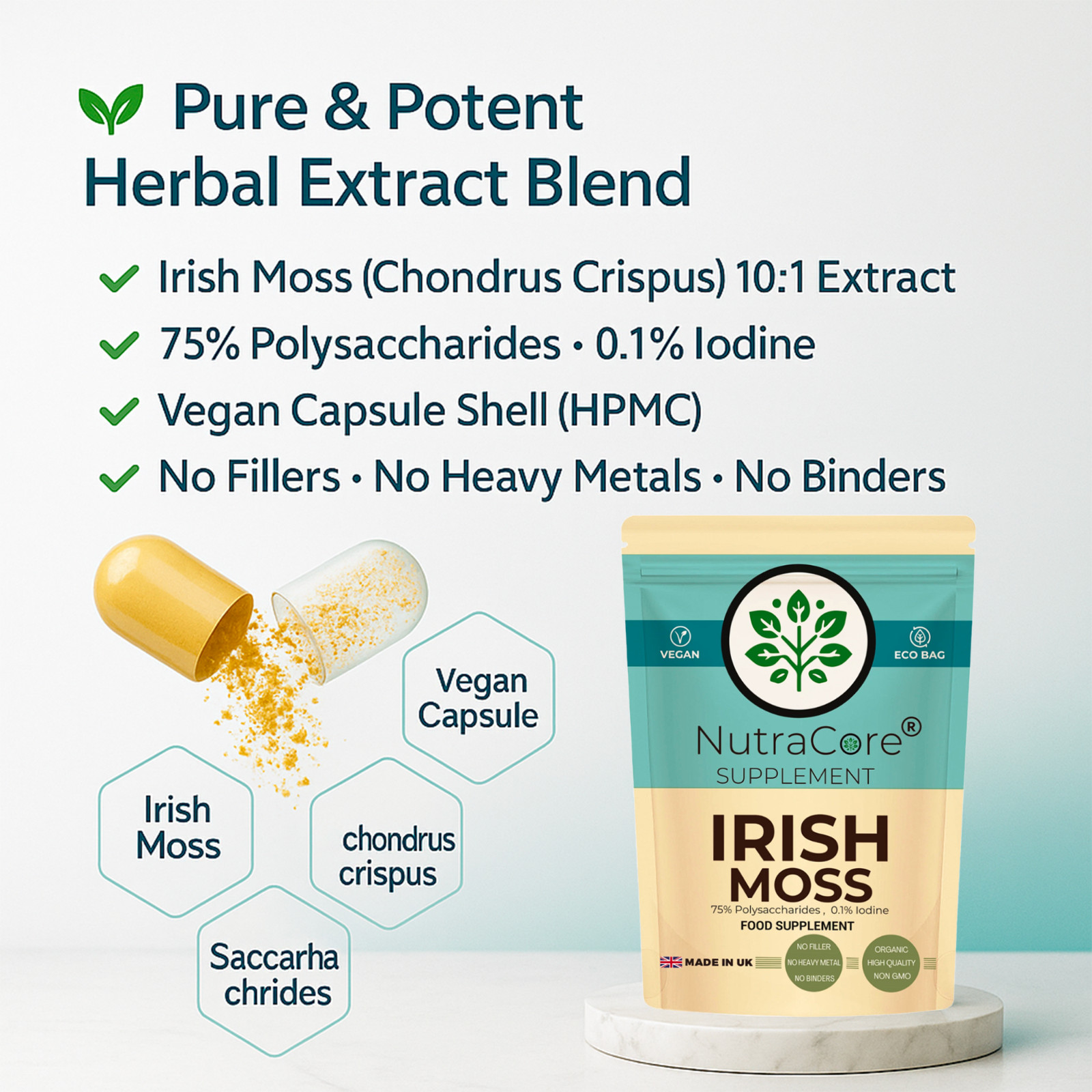 Irish Moss Capsule 5500mg (75% Polysaccharides, 0.1% Iodine)-100%Natural-180Caps