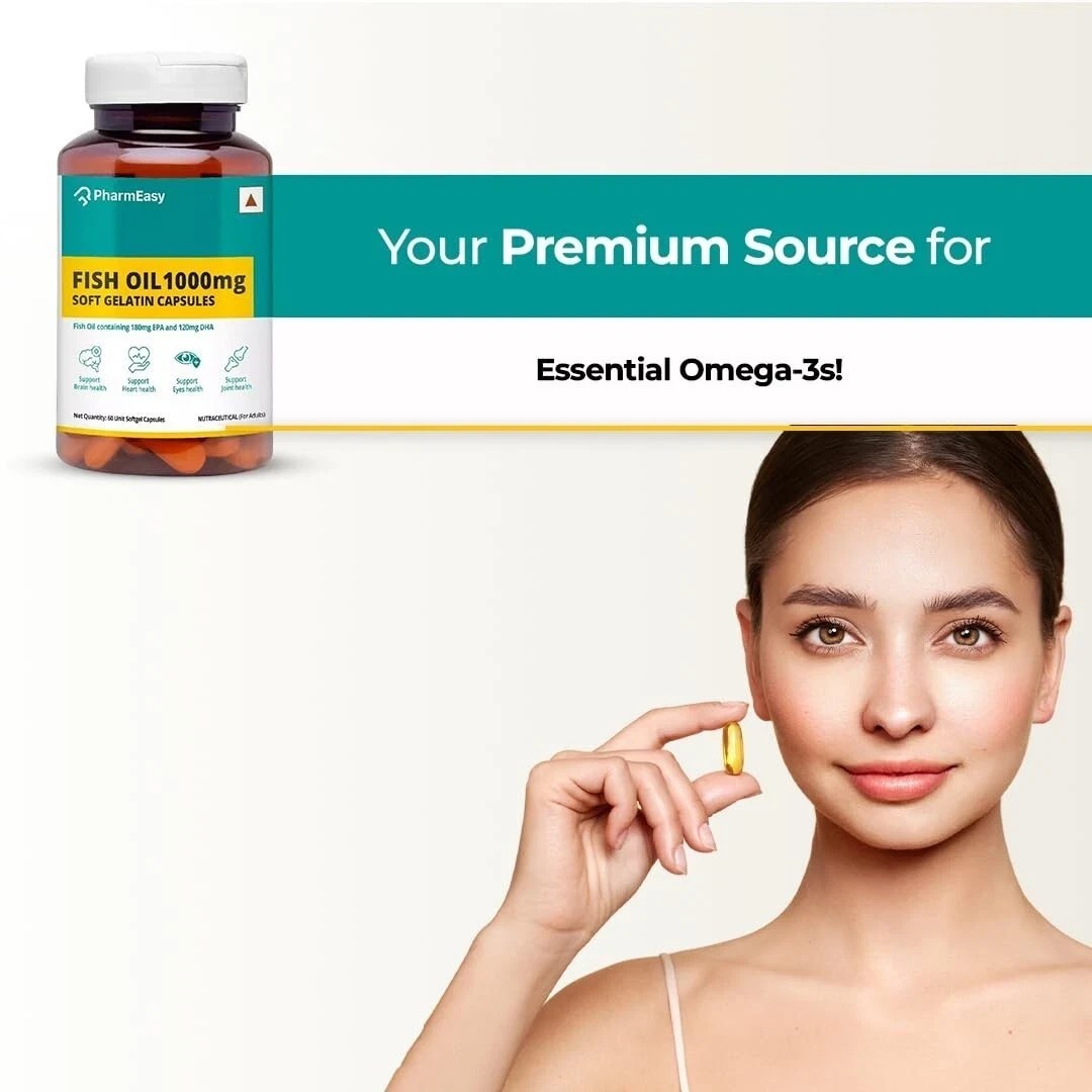 PharmEasy Fish Oil 1000mg Omega-3 Capsules 4 Heart Brain Skin Joints, Pack of 60