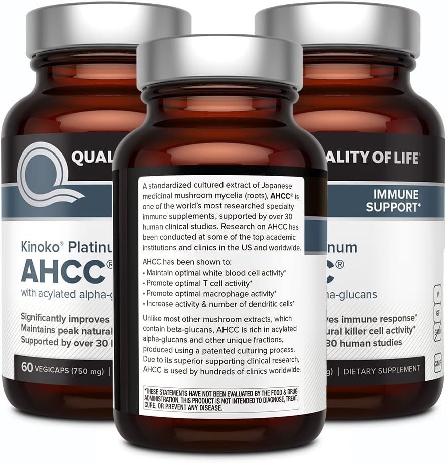 3Pack Quality of Life Labs, Kinoko Platinum AHCC, Immune Support, 750 mg,60 caps