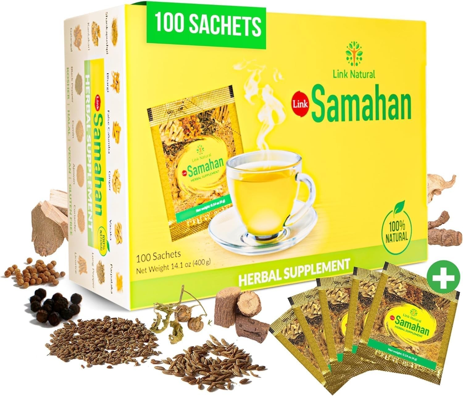 Sri Lanka Herbal Tea, Link Samahan, Ayurvedic, Cold, Flu, Supplement, 30 Sachets