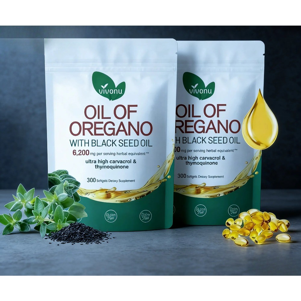 2-PCS Powerful Synergy:Oregano Oil 6200mg with Black Seed Oil.
