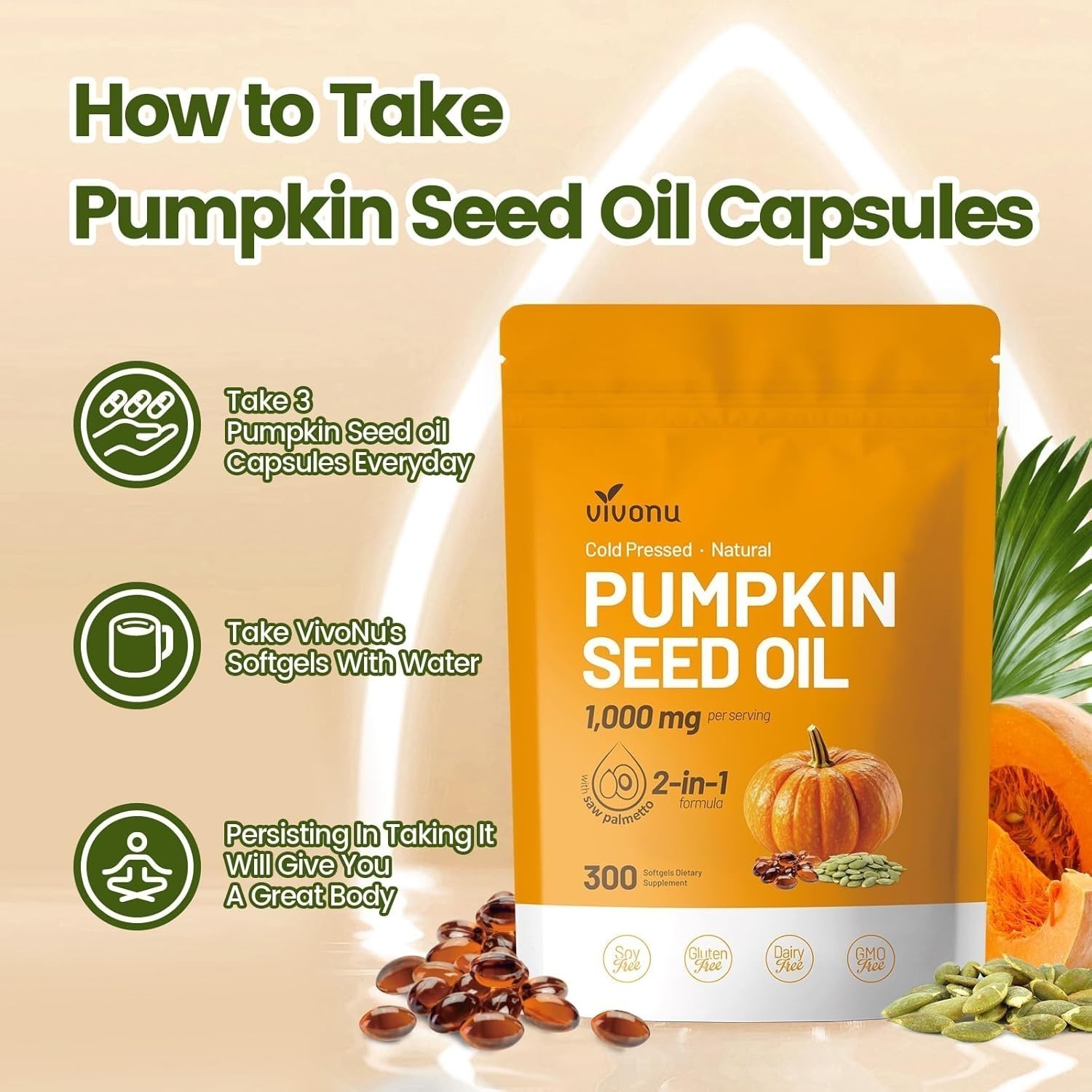 VivoNu Pumpkin Seed Oil with Saw Palmetto Capsules|Cold Pressed, Pure Virgin Oil