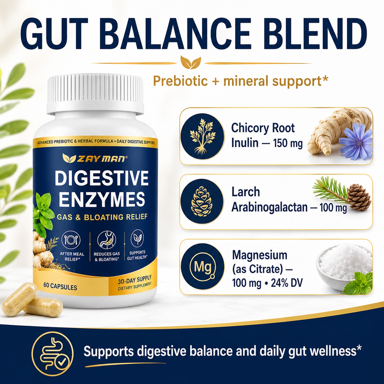 Digestive Enzymes Supplement for Bloating & Digestion Prebiotics Bromelain 60 CT