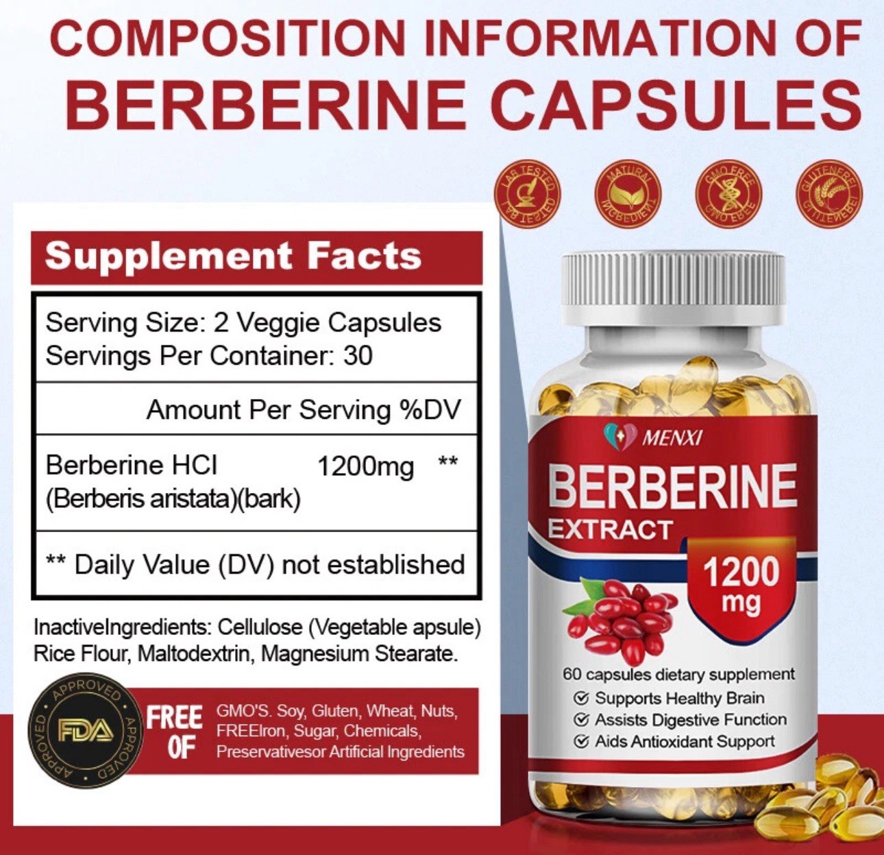 60pcs Pills Blood Sugar Support Supplement 1200mg Berberine Cinnamon Extract