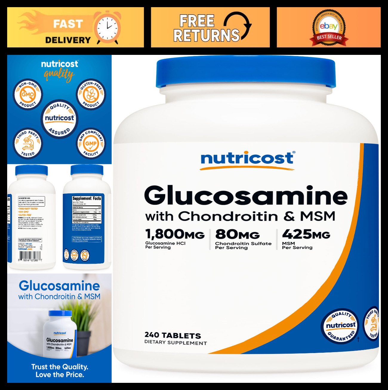 Glucosamine 1800mg with Chondroitin & MSM – 240 Tablets, GMO-Free, Gluten-Free