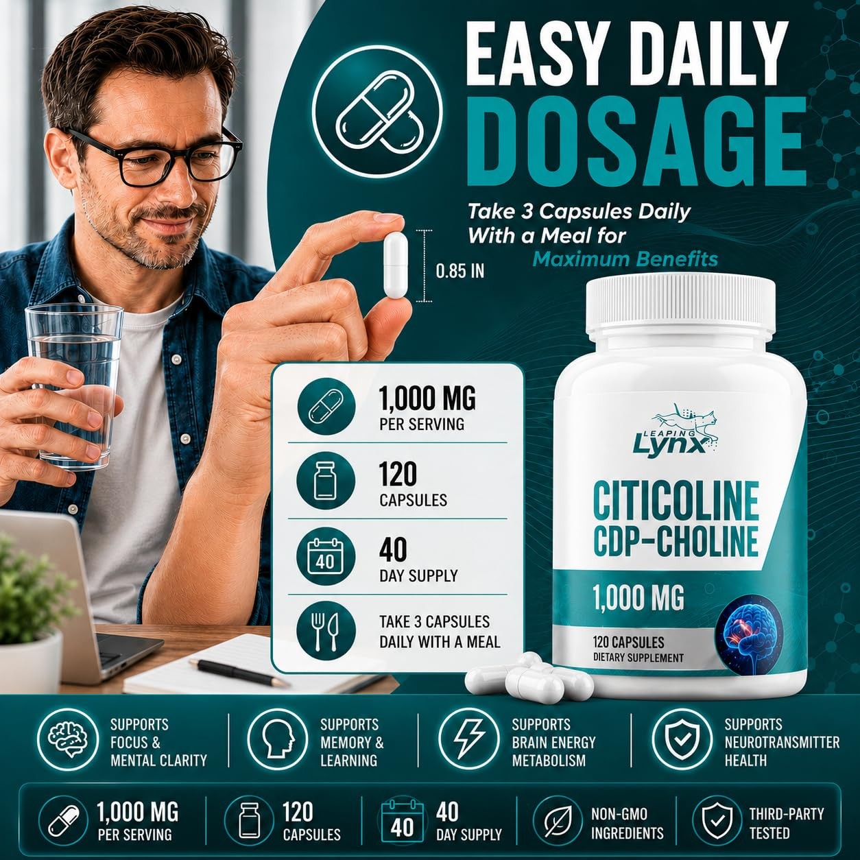 Leaping Lynx Citicoline 1000 mg (CDP Choline) Capsules 120 Count (Pack of 1)