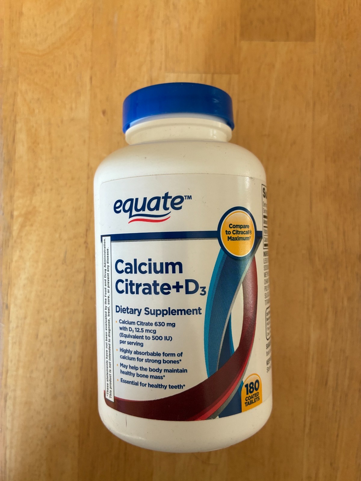 Equate Calcium Citrate + D3 Tablets Dietary Supplement, 630 mg, 180 Count