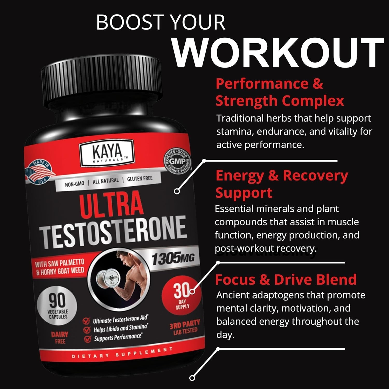Natural Testosterone Booster 90ct Increase Energy Improve Muscle Strength Growth