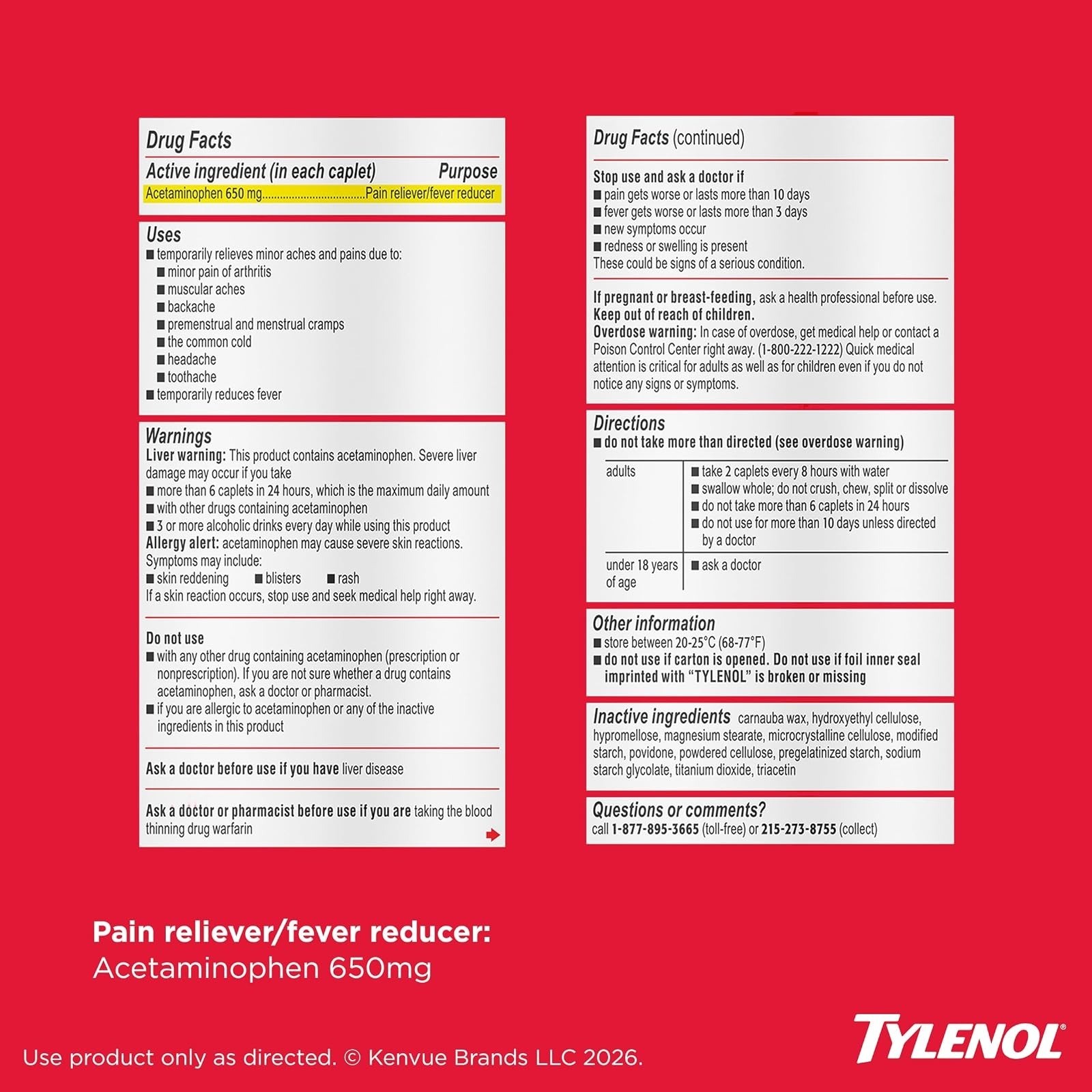 Tylenol Arthritis Pain Relief Caplets 650mg, 100 Count, Fast Acting