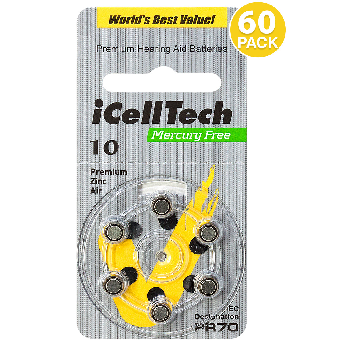 iCellTech Size 10 PR70 Zinc Air P10 Hearing Aid Battery (60 Pack)