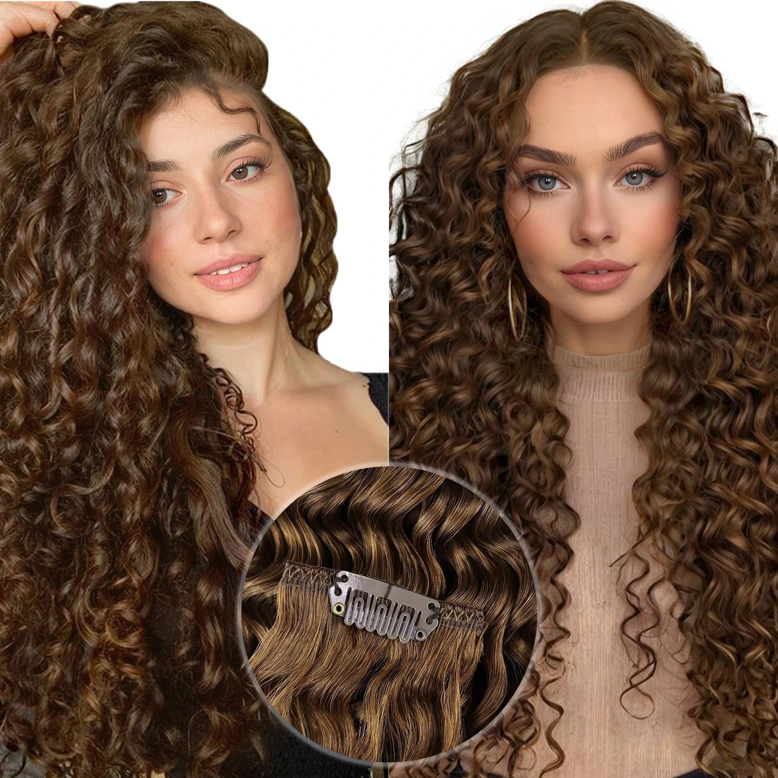 Hetto Curly Clip In Hair Extensions – Medium Brown 120G 7Pcs 14 Inch Ww – 3A-3C
