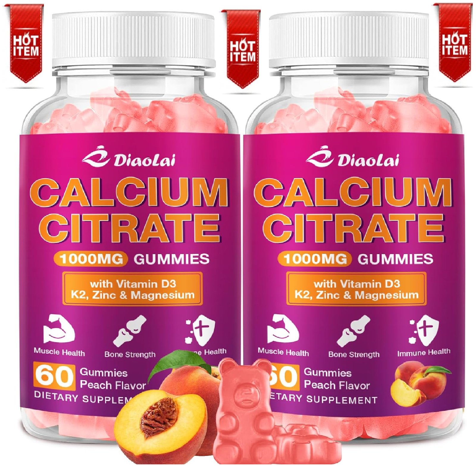 2 Pack Calcium Citrate Gummies – 1000mg per Serving – Supports Bone & Teeth Heal