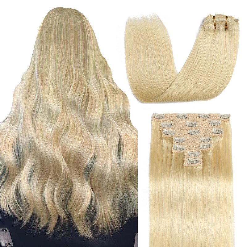 Sisily Clip In Hair Extensions Real Human Hair 20 Inch 120G Bleach Blonde 100