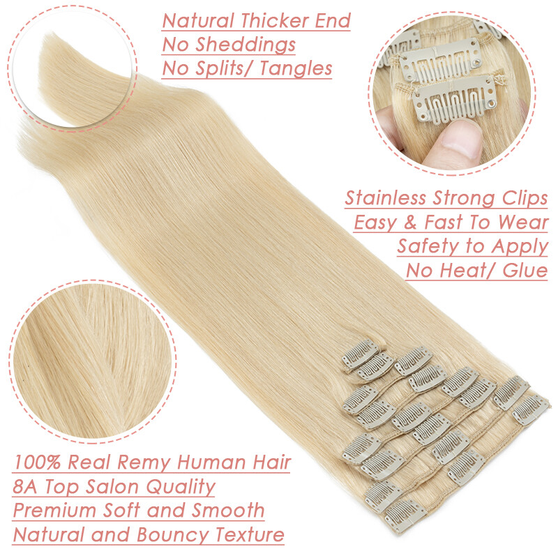 Super Soft Clip In Extensions 100% Real Remy Human Hair 8 Pieces 18Clips Blonde