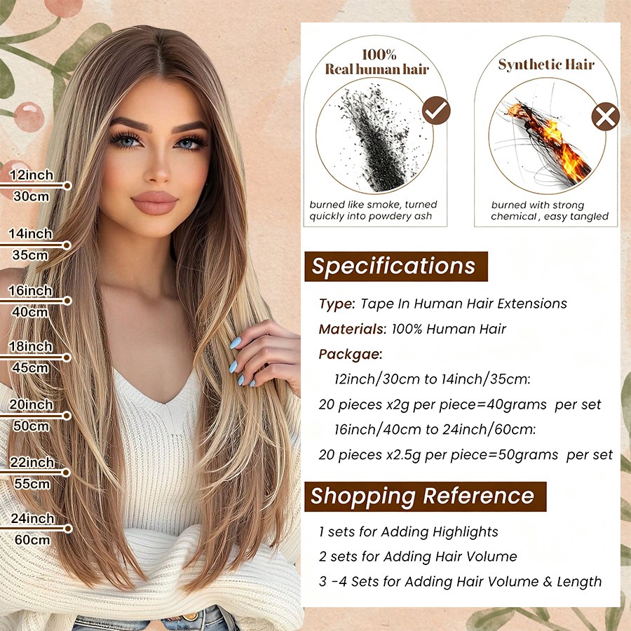 100%Real Remy Human Hair Tape in Hair Extensions 20Pcs 50g FULL HEAD Soft Thick
