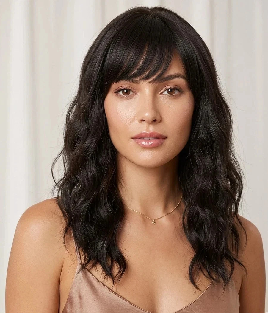 Real Human Hair New Fashion Gorgeous Natural Dark Brown Wavy Women’s Wigs 16 In