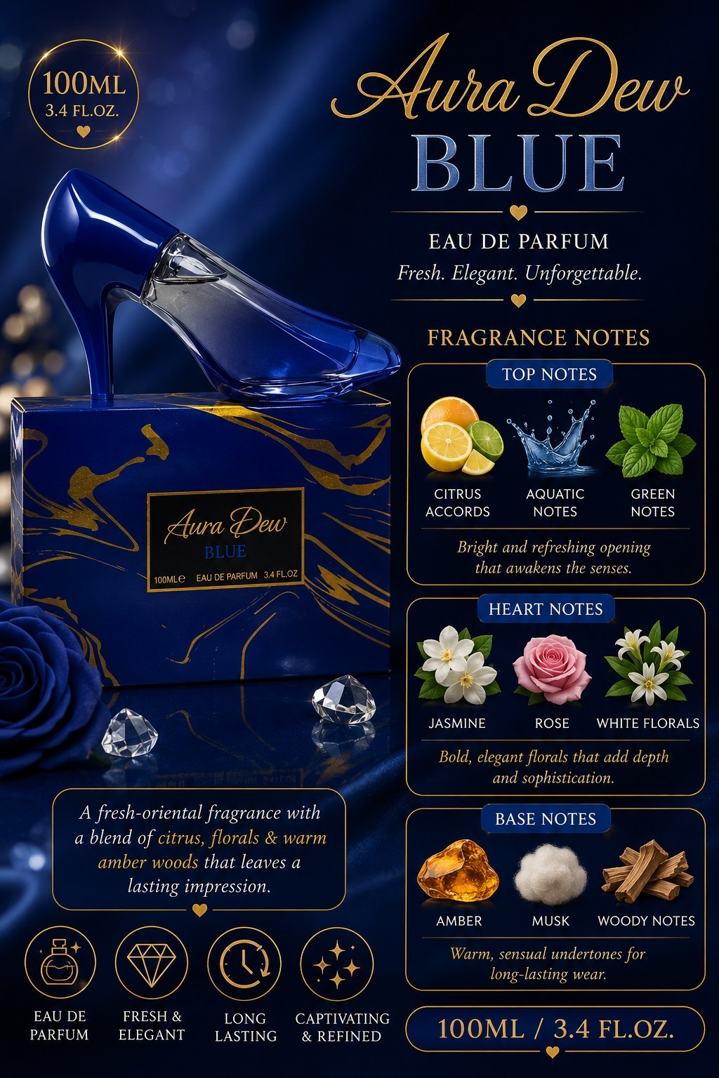 Aura Dew Blue Eau de Parfum Spray, 3.4 fl oz Long Lasting Citrus Aquatic