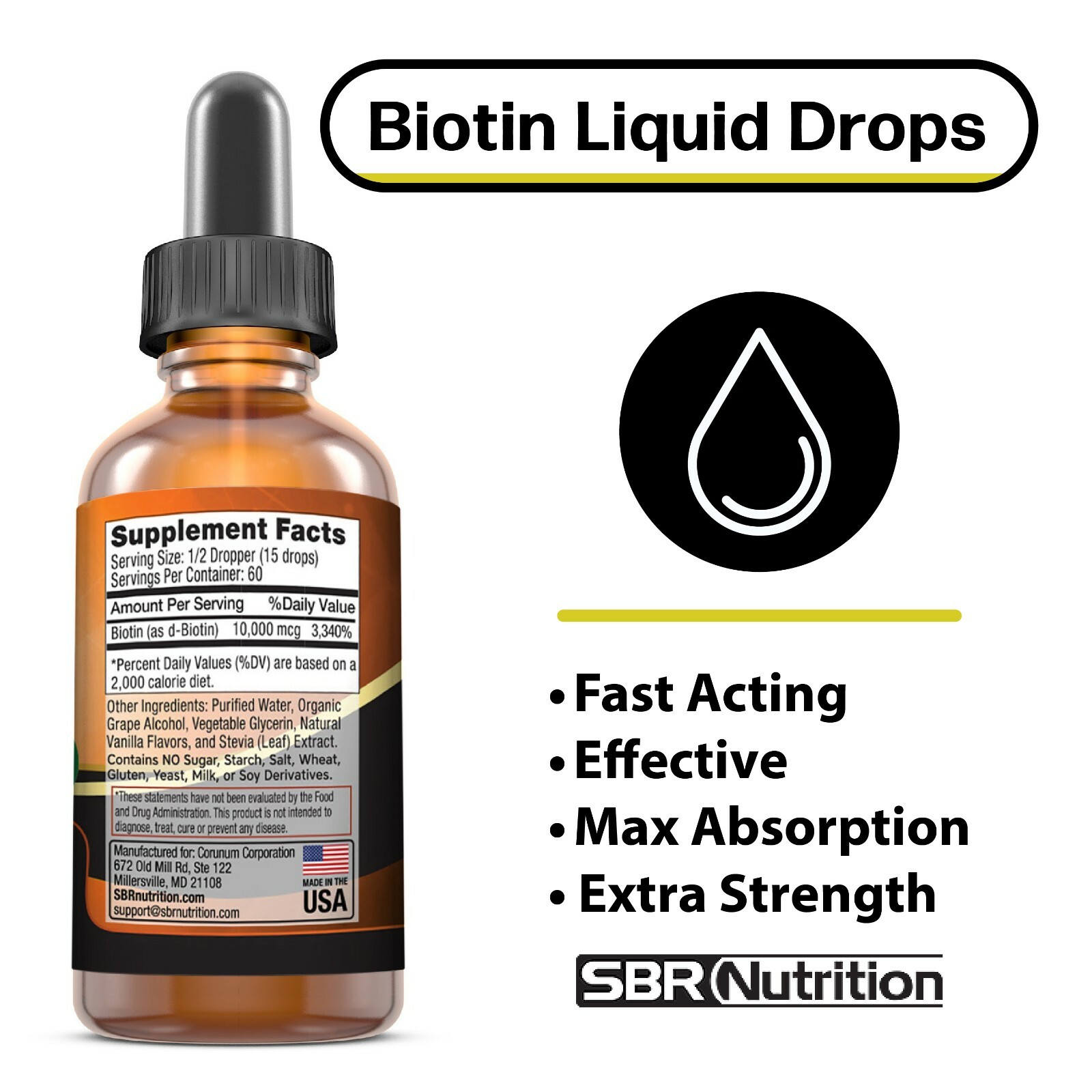 MAX ABSORPTION Biotin Liquid Drops, 10000mcg of Biotin Per Serving, 60 servings