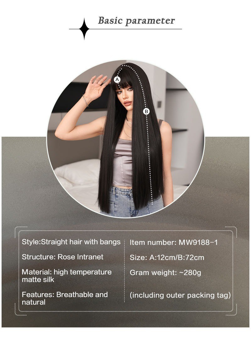 One-size-fits-all ultra-long straight hair 28in wig with female side-swept bangs