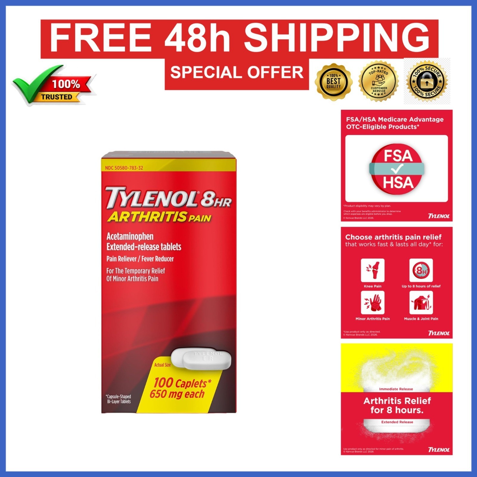 Tylenol Arthritis Pain Relief Caplets 650mg, 100 Count, Fast Acting