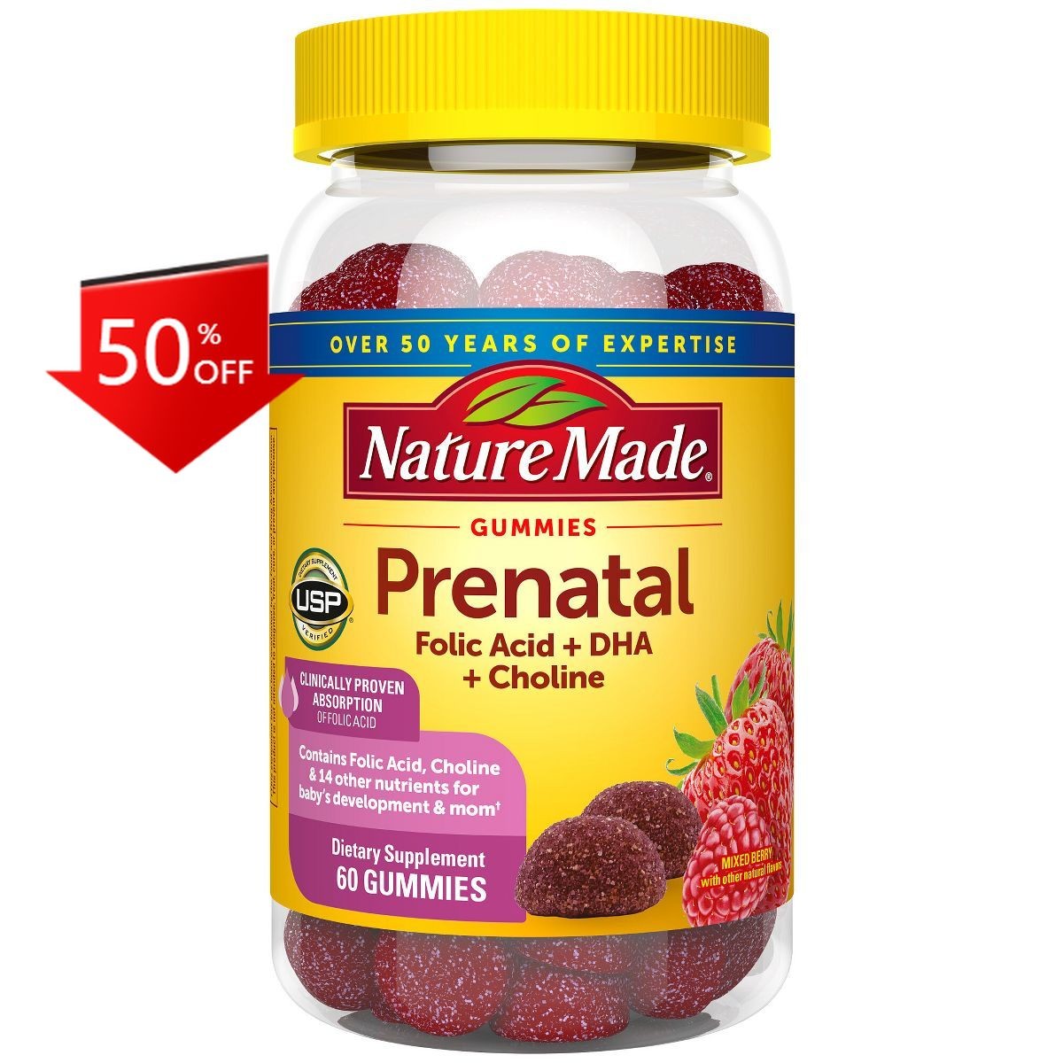 Nature Made Prenatal Gummies with DHA Folic Acid, Prenatal Vitamin Miner60ct