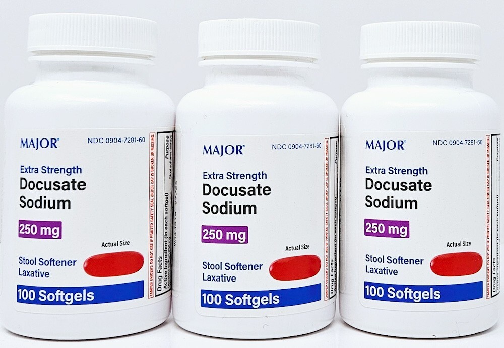 Major Docusate Sodium 250 mg Softgels Stool Softener 100ct -3 Pack -Exp 09-2026