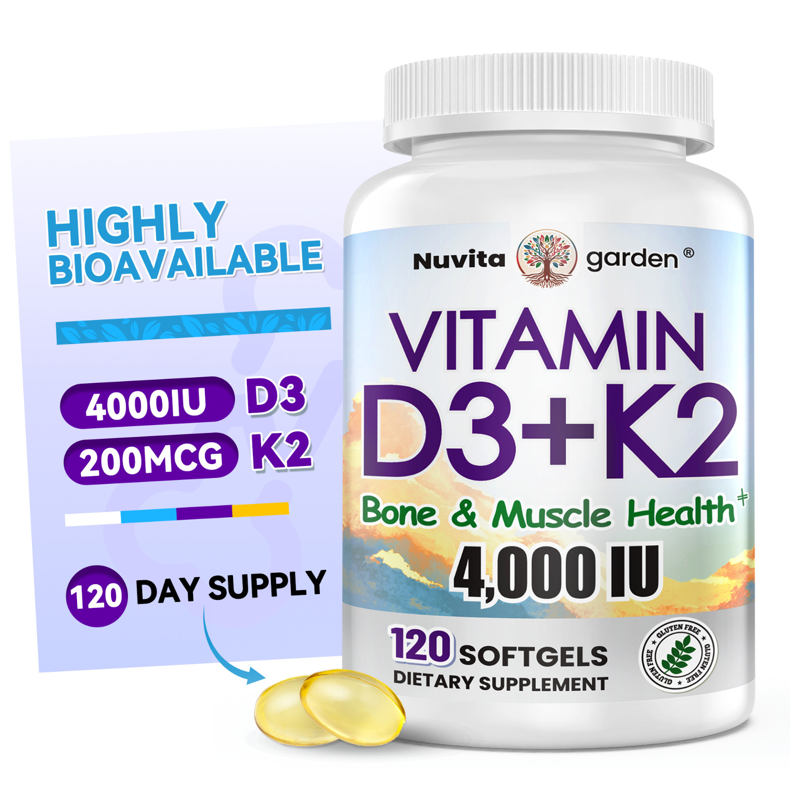 2-in-1 Formula Vitamin D3 4000IU (100 mcg) & 200 mcg K2 MK-7, Easy to Swallow