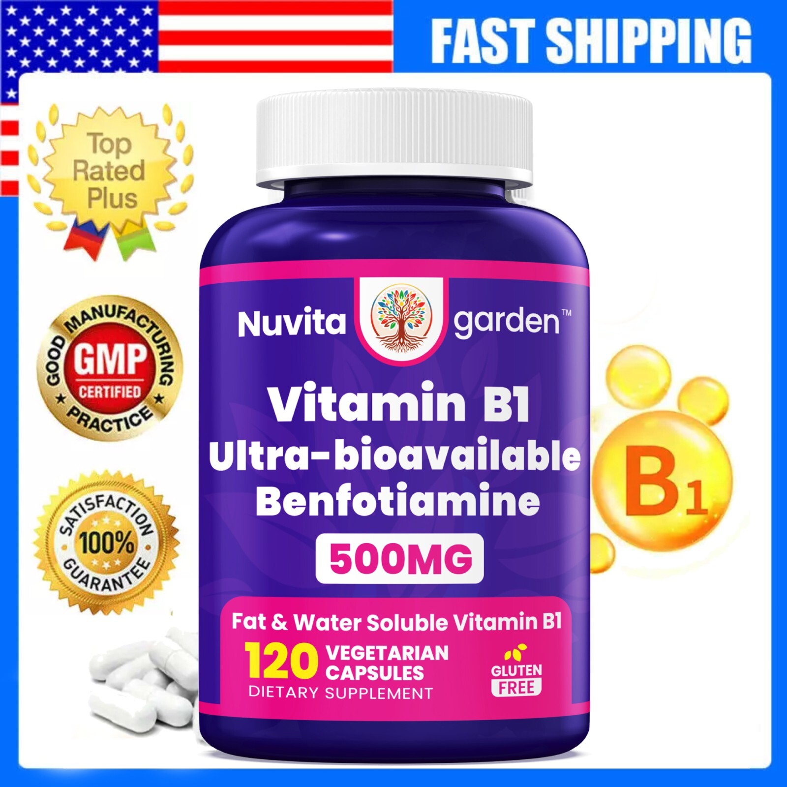 Vitamin B-1 Thiamine 500 mg, 60 Day Supply Dietary Supplement, Easy-to-Swallow