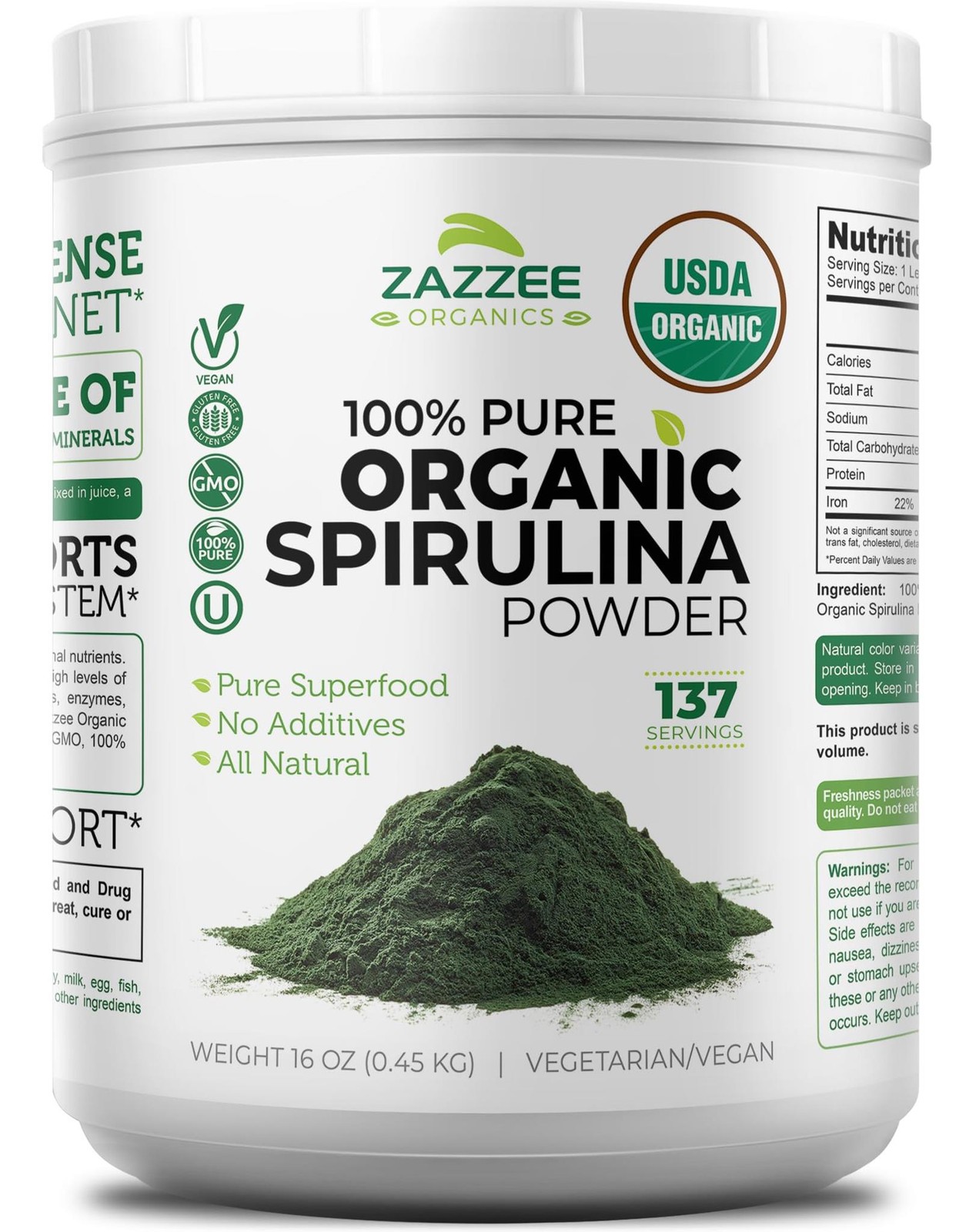 Zazzee USDA Organic Spirulina Powder, 16 Ounces (1 LB), 137 Servings, Kosher