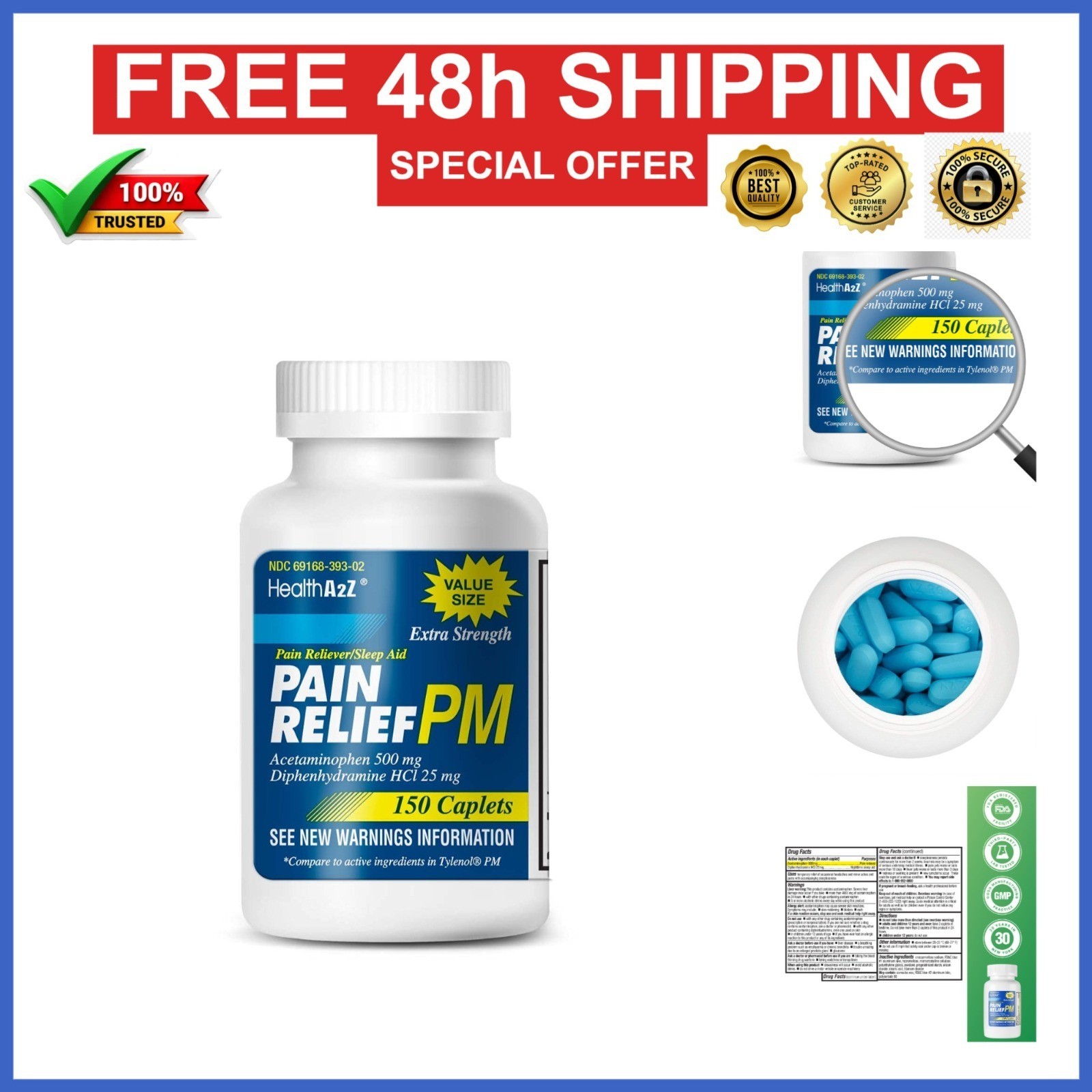 HealthA2Z Extra Strength Pain Relief PM 150 Caplets 500mg Acetaminophen