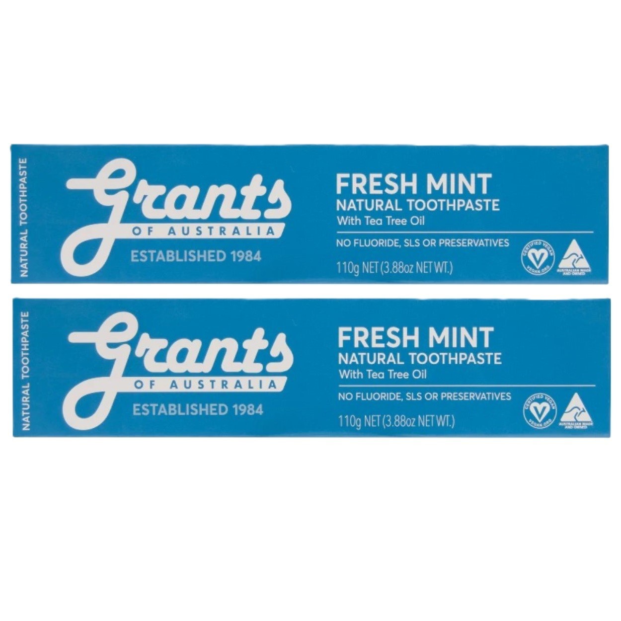 Grants Natural Toothpaste Twin Pack Fluoride Free Tea Tree Aloe Vera 2x110g