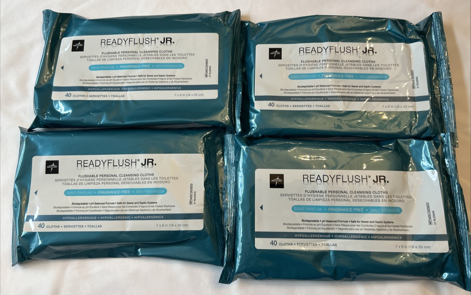 4 Pack of 40 Medline Readyflush Jr. Flushable Wipes Fragrance Free 7x8in Sealed