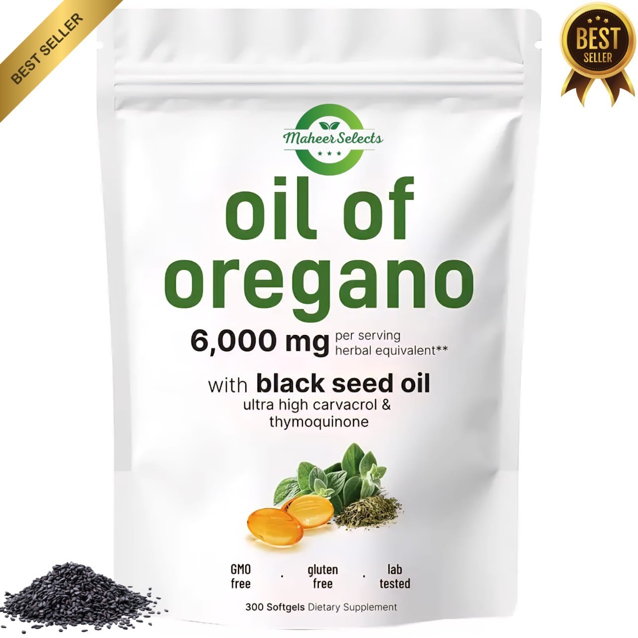 Oil of Oregano with Black Seed 6000mg – 300 Softgels – Immune & Digestive Suppor