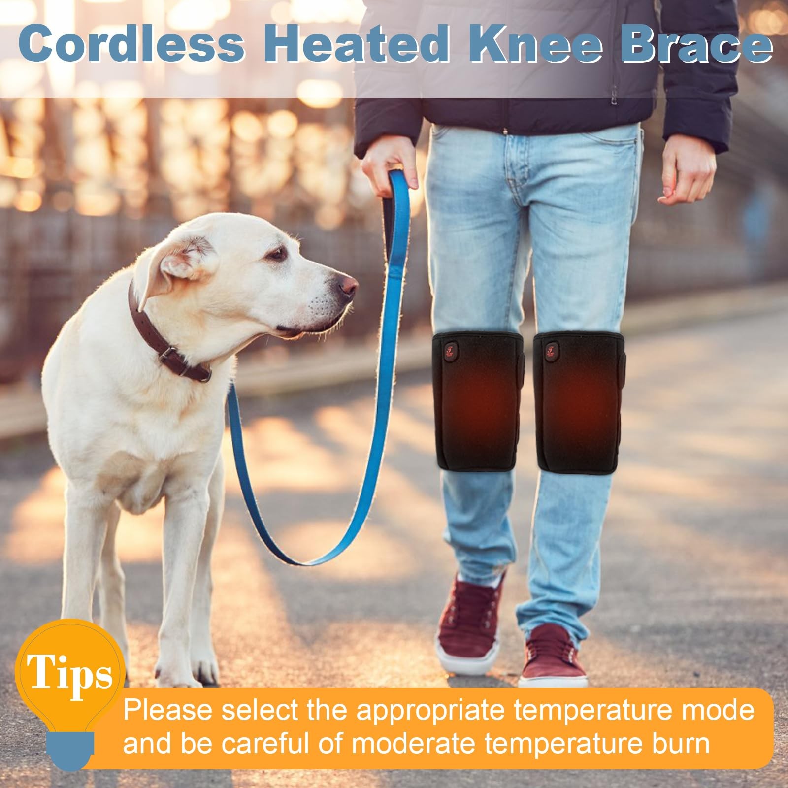 Cordless Heated Knee Brace, 3 Heat Settings, Dual 3000mAh Battery, Black Pair