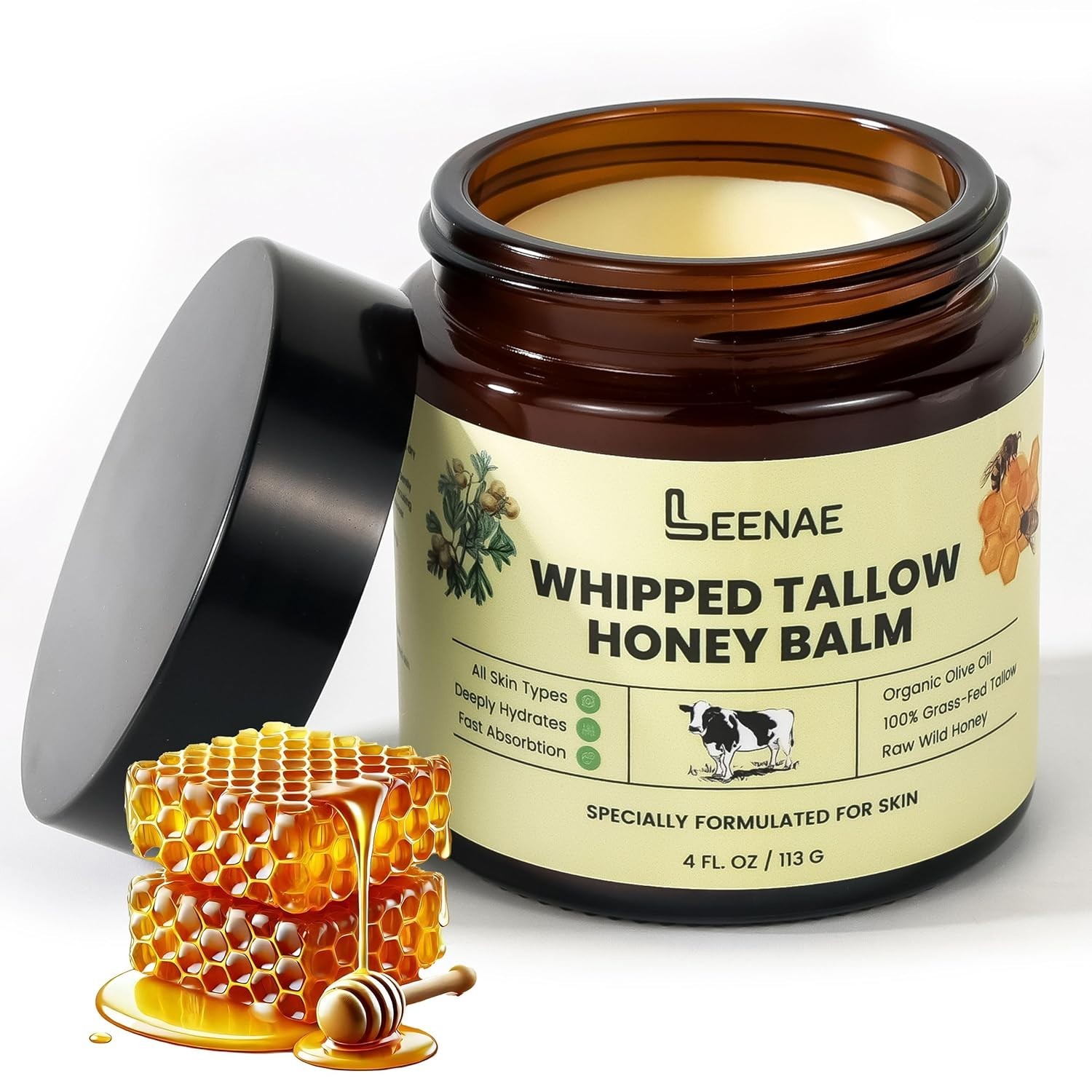 Whipped Beef Tallow Honey Balm | Grass Fed Tallow Skin with Olive Oil (4 Oz)