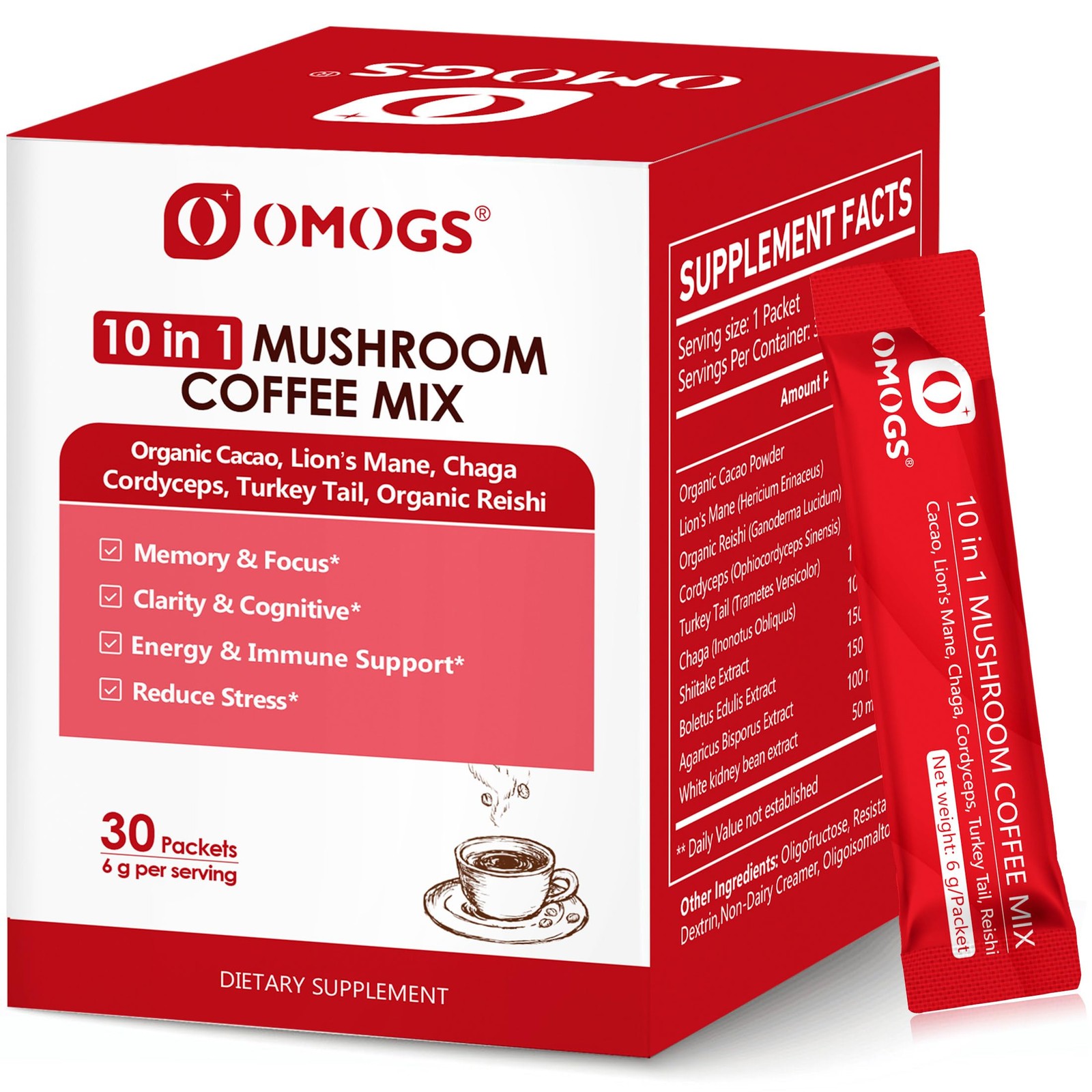 OMOGS Mushroom Coffee, 10 in 1 Extract Powder Blend 6 Ounce (Pack of 1)