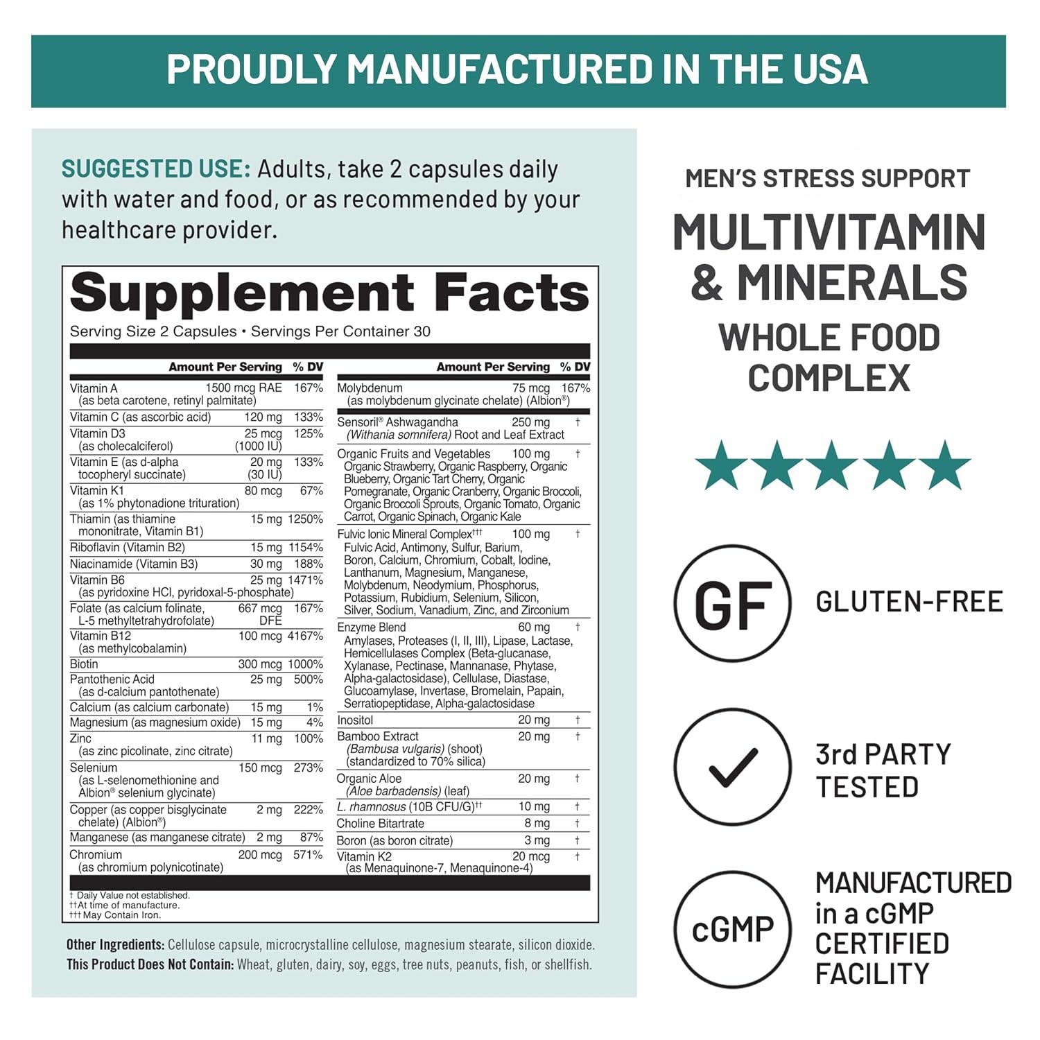 Men’s Multivitamin Stress Relief Probiotics Ionic Minerals Fulvic NatureWise