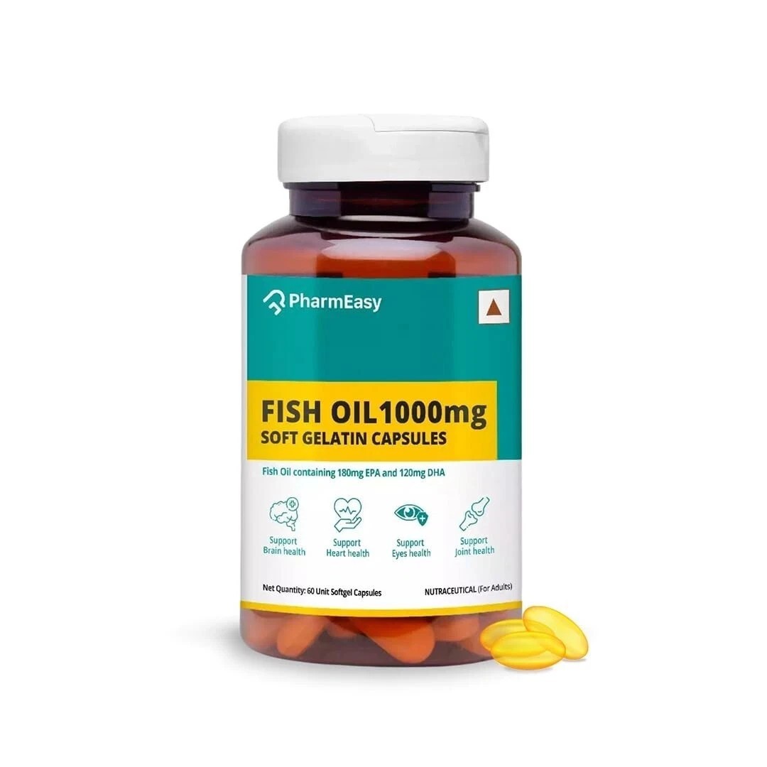 PharmEasy Fish Oil 1000mg Omega-3 Capsules 4 Heart Brain Skin Joints, Pack of 60