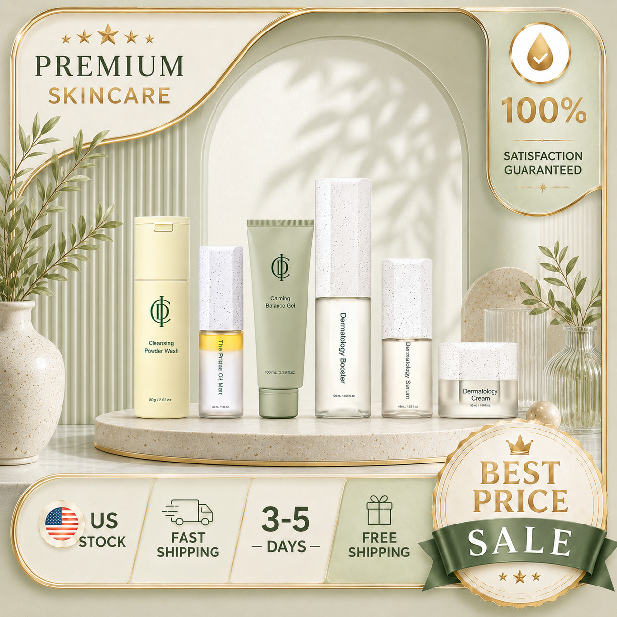 NEW ICD 6PC Premium Skincare Set Booster Serum Cream Gel Mist Cleanser
