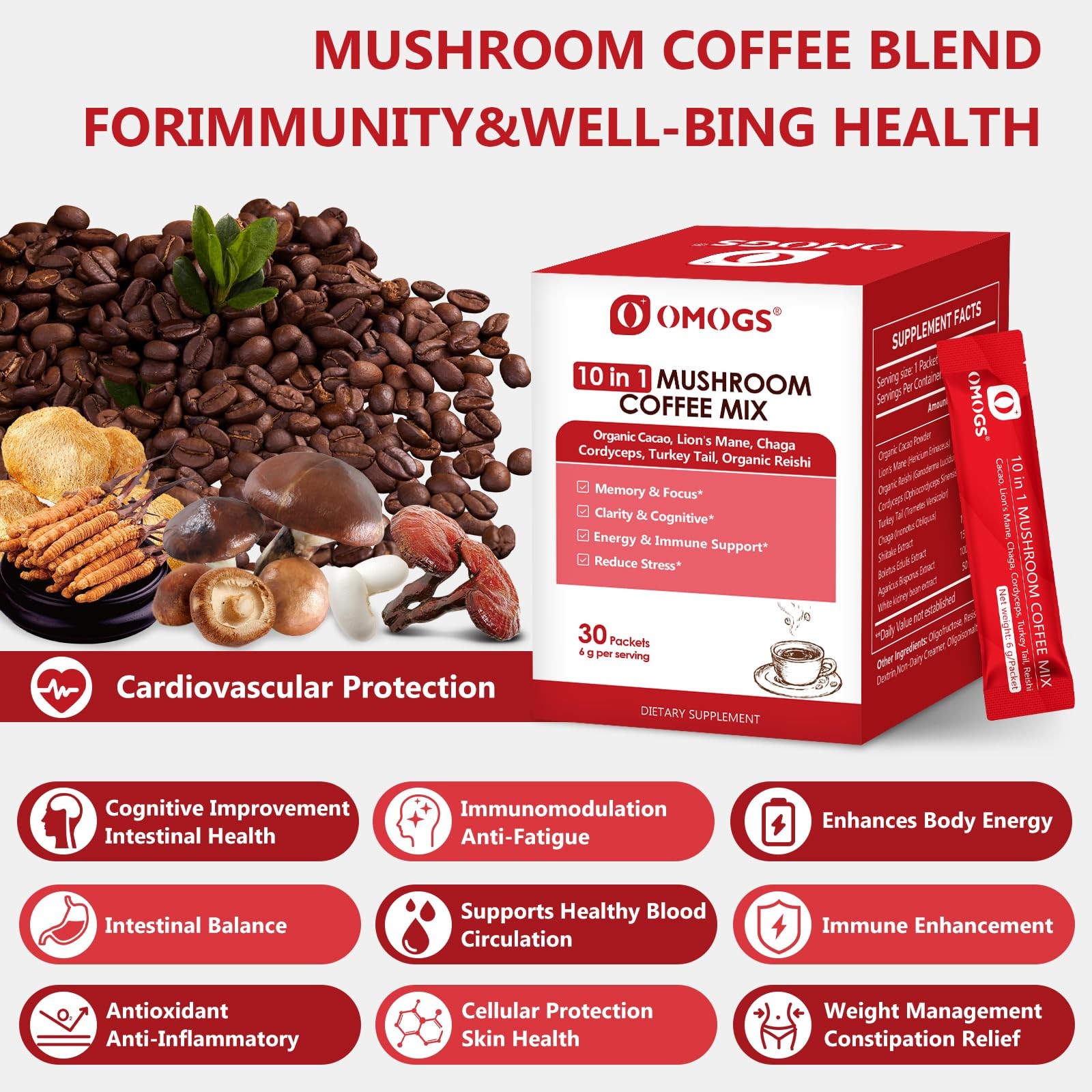 OMOGS Mushroom Coffee, 10 in 1 Extract Powder Blend 6 Ounce (Pack of 1)