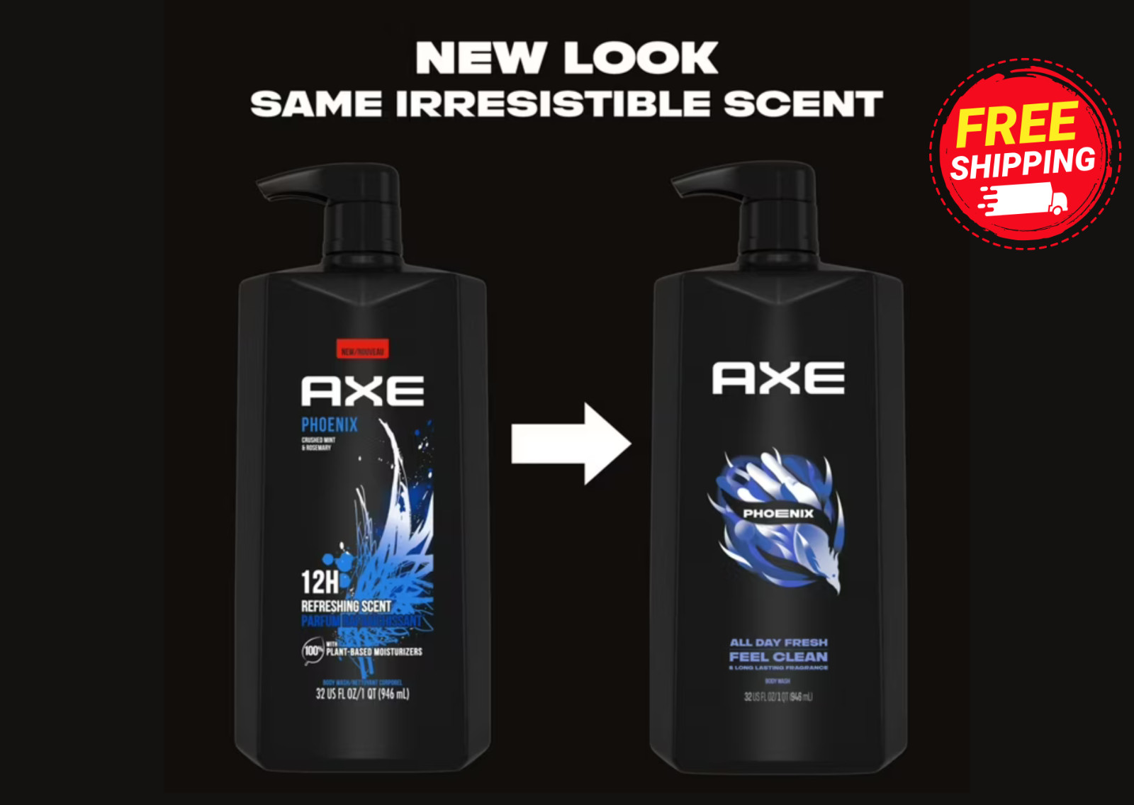AXE Men’s Liquid Body Wash & Shower Gel with Pump 32 fl oz , Pack of 4 Free Ship