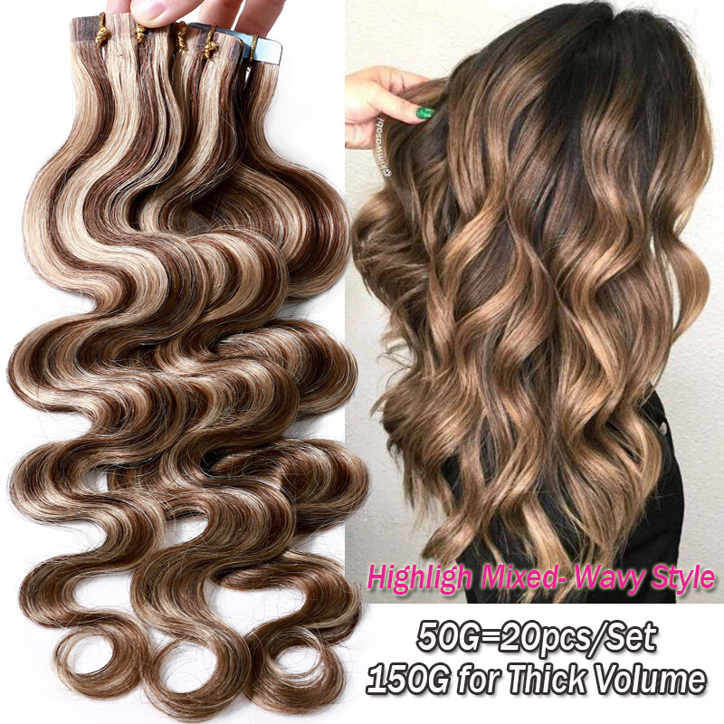Body Wave Tape In Skin Weft Remy Human Hair Extensions THICK 150G 60PCS Balayage