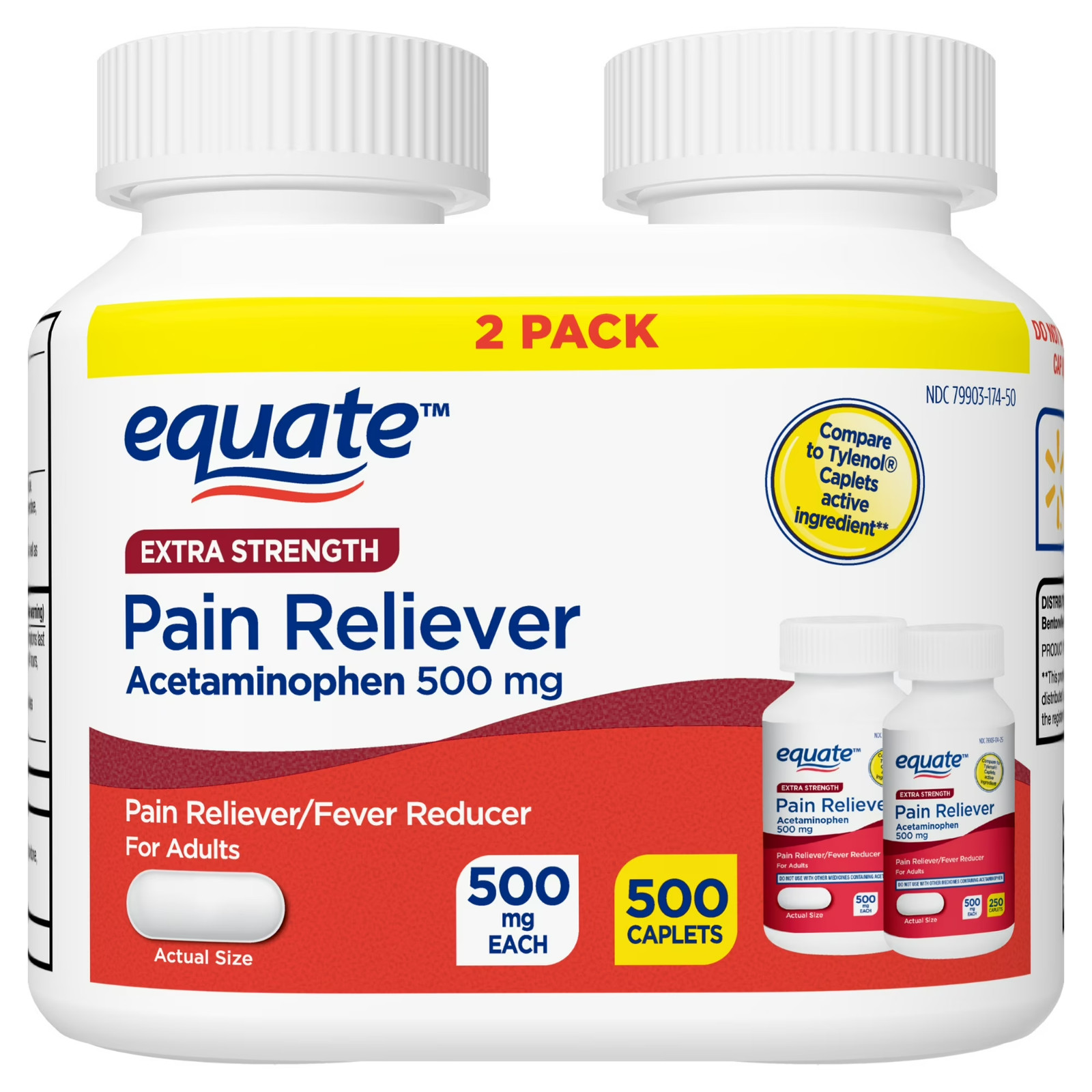 Equate Extra Strength Acetaminophen Pain Reliver Caplets 500 mg 250 Count 2 Pack