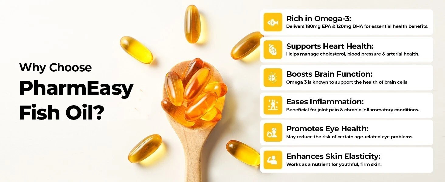 PharmEasy Fish Oil 1000mg Omega-3 Capsules 4 Heart Brain Skin Joints, Pack of 60