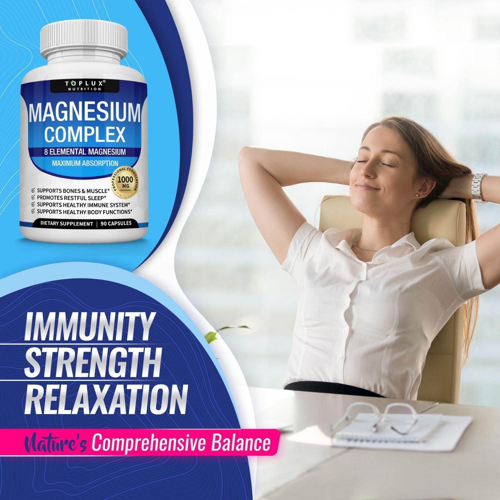 Toplux Magnesium Complex – 8 Types for Sleep, Muscle & Energy – 90ct