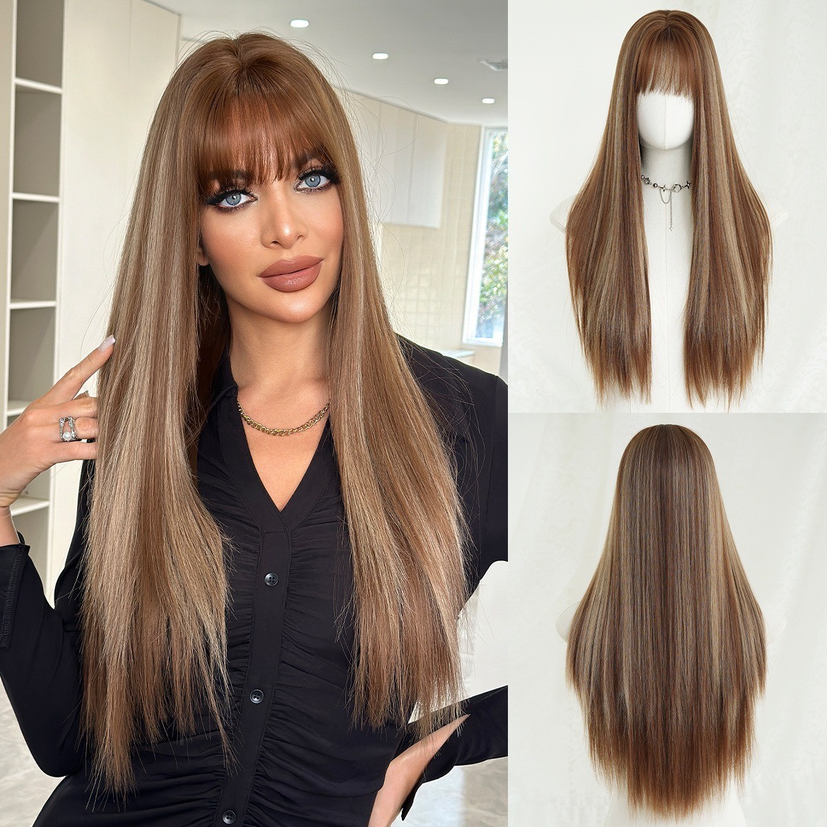 One-size-fits-all ultra-long straight hair 28in wig with female side-swept bangs