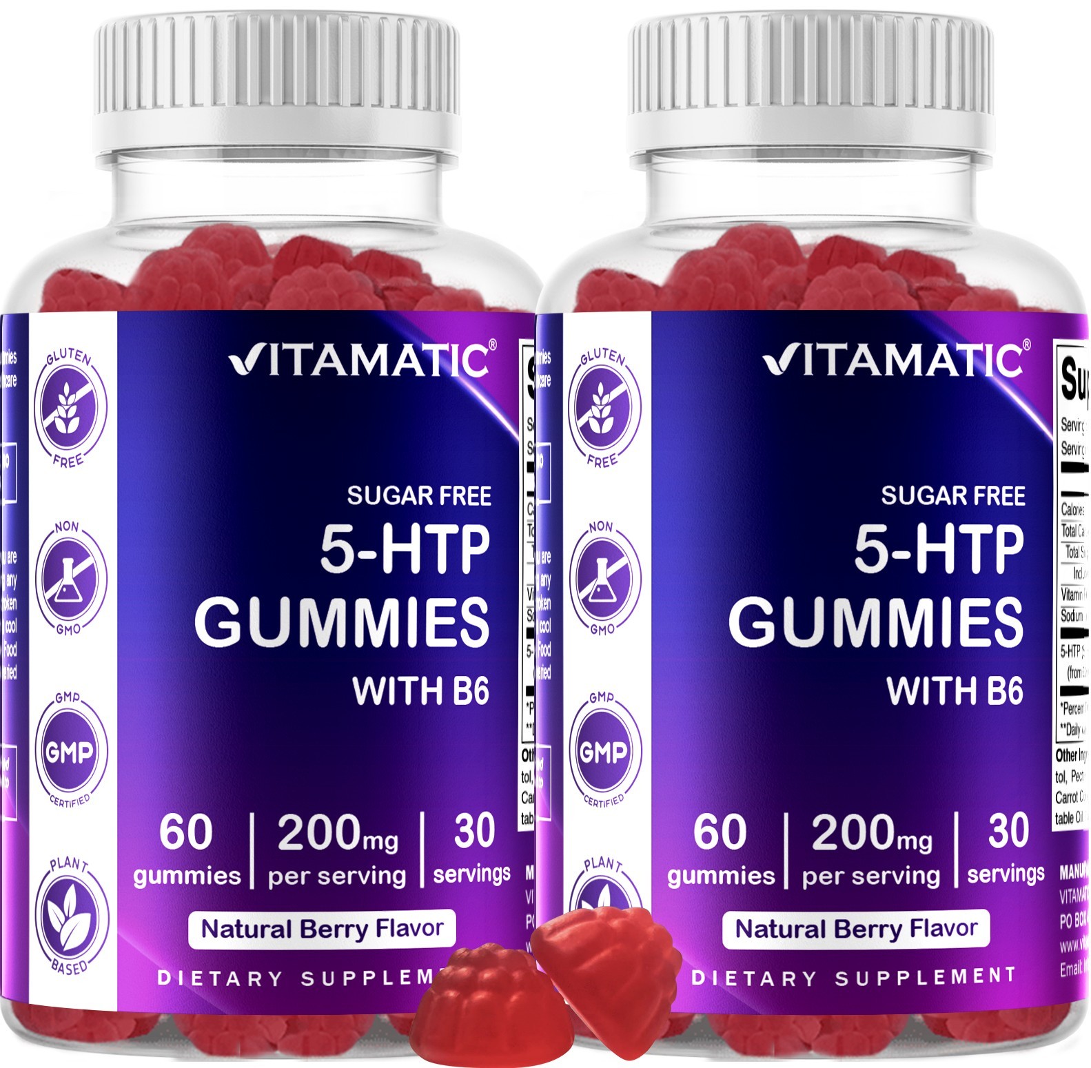 2 Pack Vitamatic Sugar Free 5-HTP 200mg Gummies with B6 per Serving – 60 Gummies