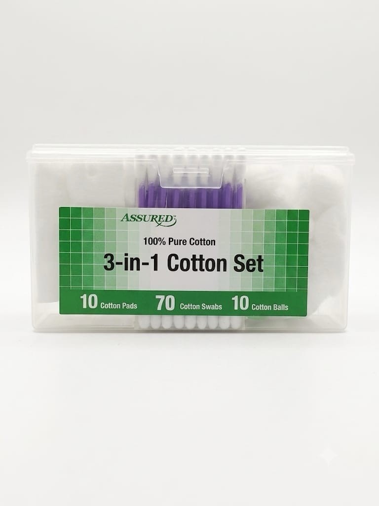 2 Assured 100% Pure Cotton 3-in-1 Cotton Set White 10 Pads 70 Swabs 10 Balls