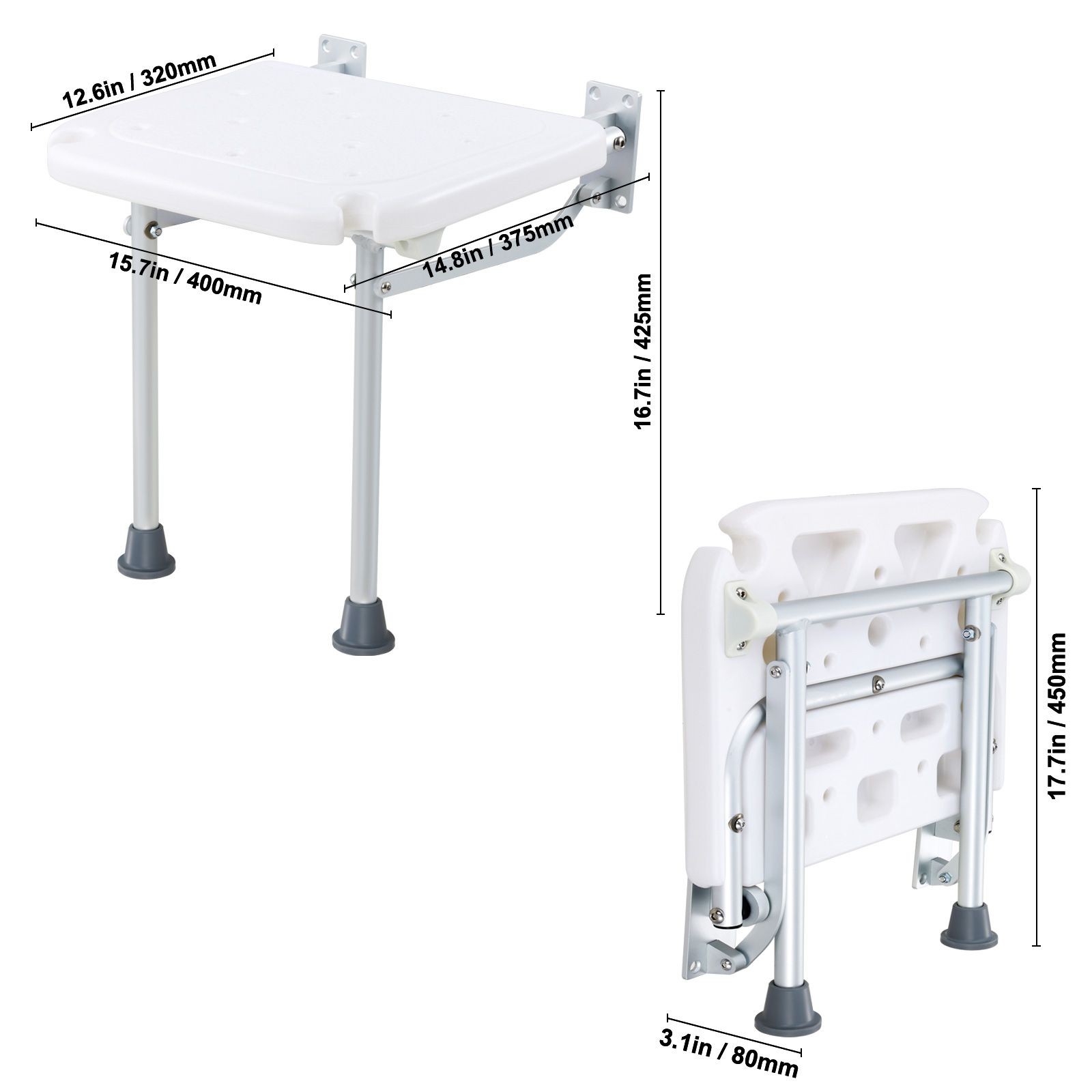 Fold-Up Shower Bench PE Seat 16″, 500lb Load, Non-Slip Feet, Wall Mounted