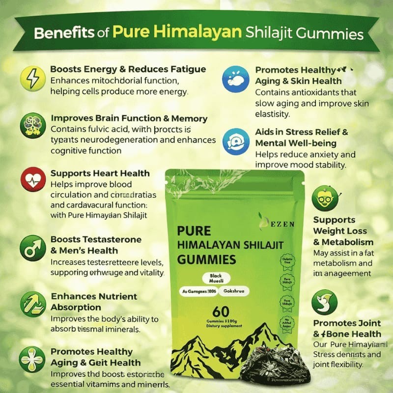 DEZEN Himalayan Shilajit Gummies 3000mg with Ashwagandha 60Pcs Vitality Boost